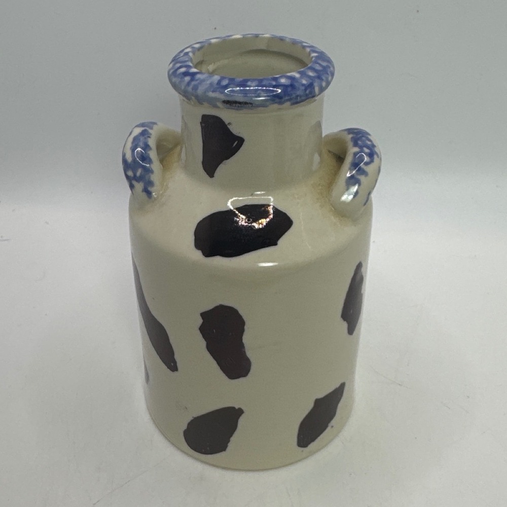 World Bazaars Milk Jug Vase Small White Blue Heart Cow Print Excellent Farmhouse